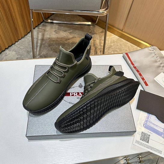 Мужские кожаные кроссовки Prada lace-up - Khaki