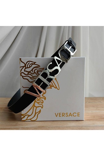 Кожаный чёрный ремень Versace (длина 90 / 95 см)   