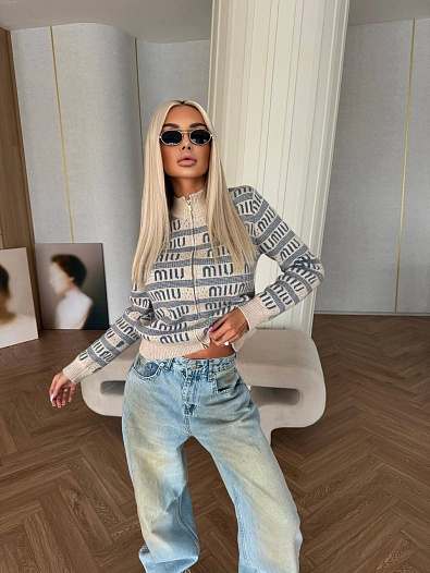 Женский шерстяной лонгслив на молнии MIU MIU Premium - Beige   