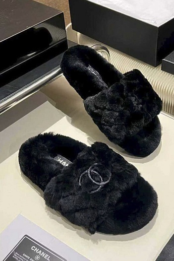 Женские меховые шлёпанцы Chanel Oran premium - Black   