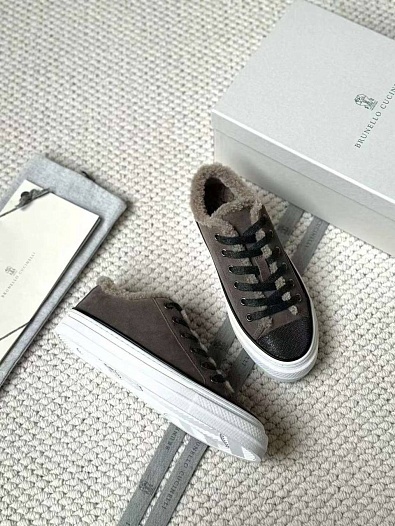 Женские кроссовки с мехом Brunello Cucinelli Premium - Grey   