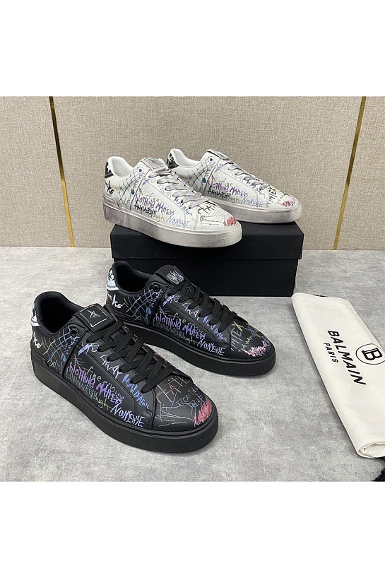 Чёрные кожаные кроссовки Balmain B-Court Graffiti