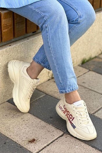 Женские кожаные кроссовки Pablo Delcielo x Gucci Rhyton Love Parade - Beige   