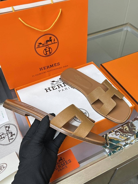 Женские кожаные шлёпанцы Hermes Premium - Chestnut