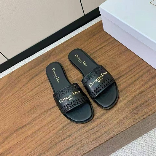 Женские кожаные шлёпанцы Dior Premium - Black   
