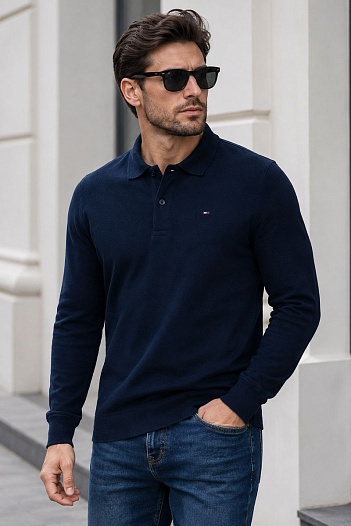 Тёмно-синее поло с длинным рукавом Tommy Hilfiger   