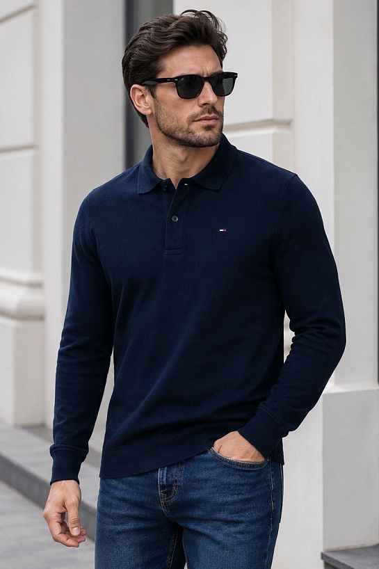 Тёмно-синее поло с длинным рукавом Tommy Hilfiger