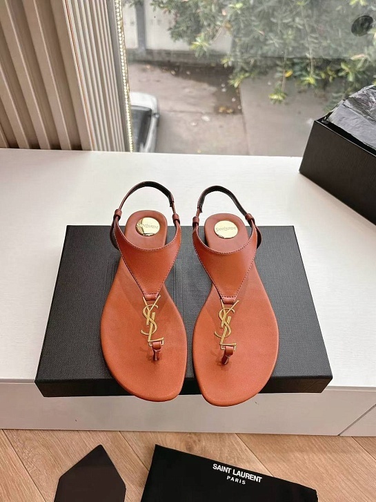 Женские кожаные сандалии Yves Saint Laurent Premium - Brown