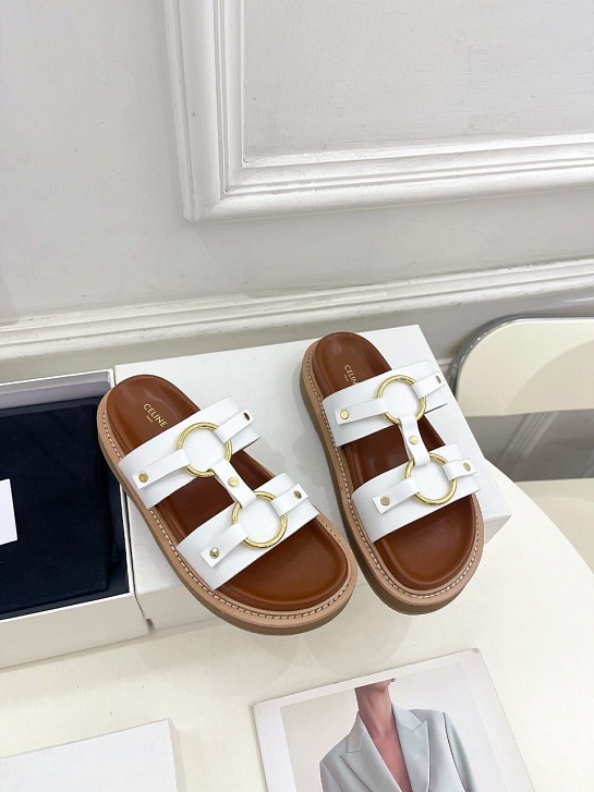 Женские кожаные шлёпанцы Celine Tippi - White