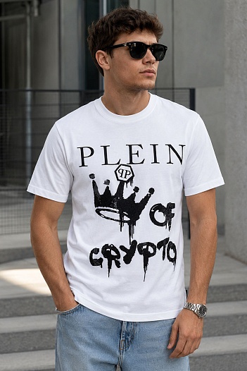 Белая футболка со стразами Philipp Plein king of crypto   