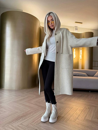 Женское шерстяное пальто с капюшоном MIU MIU Premium - Beige   