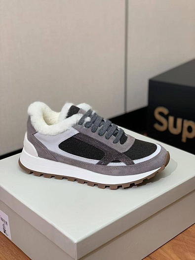 Женские замшевые кроссовки с мехом Brunello Cucinelli premium   