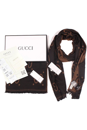 Мужской тёмно-коричневый шарф Gucci GG Monogram - Brown 185x35 см   