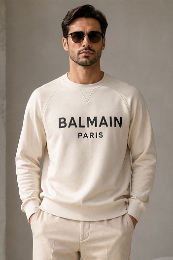 Мужской светло-бежевый свитшот Balmain Paris logo-print   
