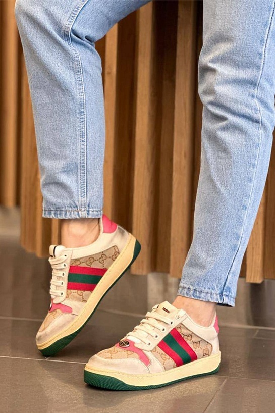 Женские кожаные кроссовки Gucci GG Screener - Beige / Pink