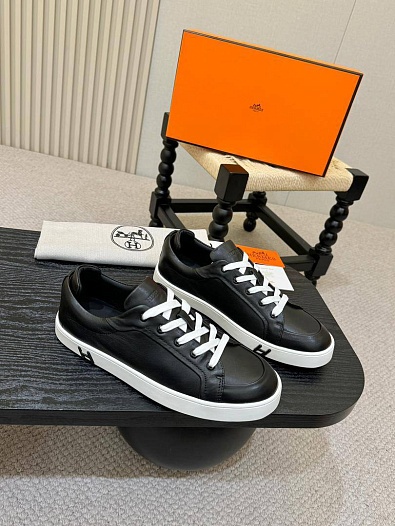 Мужские кожаные кроссовки Hermes Kid - Black   