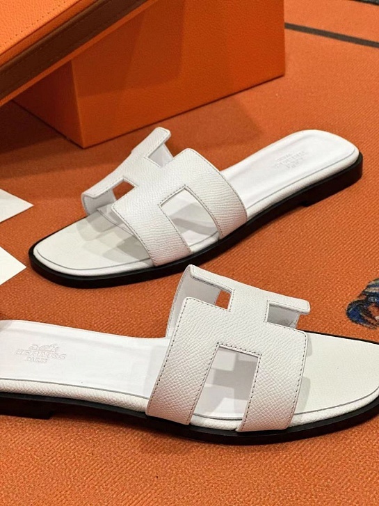 Женские кожаные шлёпанцы Hermes Premium - White