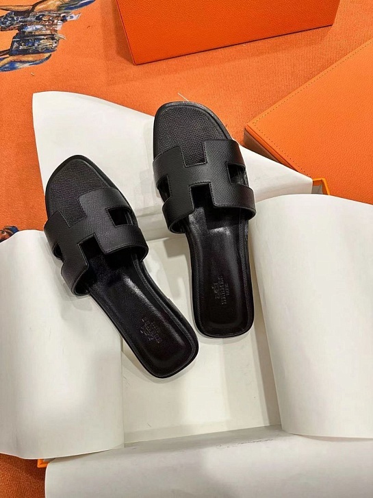 Женские кожаные шлёпанцы Hermes Premium - Black