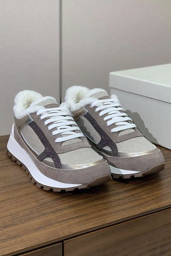 Женские замшевые кроссовки с мехом Brunello Cucinelli premium   