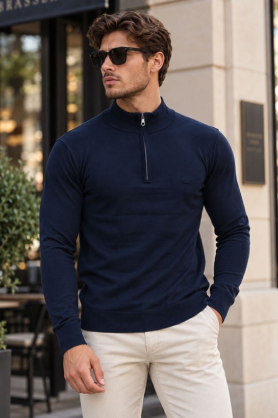 Мужской тёмно-синий джемпер Lacoste Zip Neck