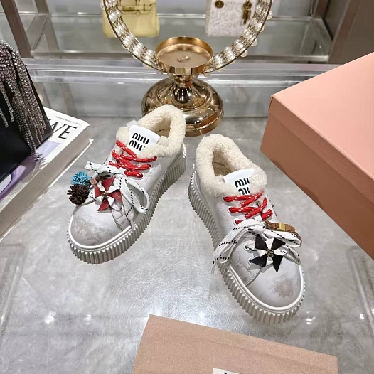 Женские кожаные кроссовки с мехом MIU MIU premium   