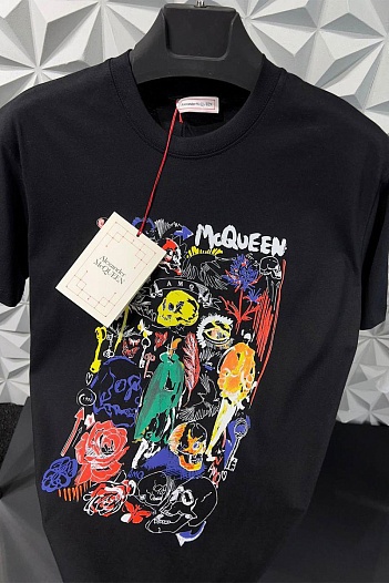 Мужская синяя футболка Alexander McQueen graphic skull   