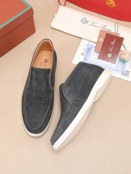 Замшевые лоферы с меховой стелькой Loro Piana Open Walk - Dark Grey