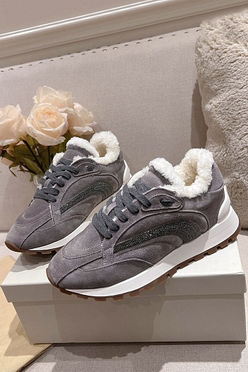 Женские замшевые кроссовки с мехом Brunello Cucinelli Premium   