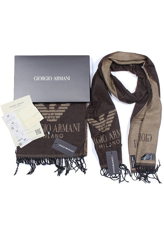 Брендовый коричневый шарф с логотипом Giorgio Armani 185x35 см
