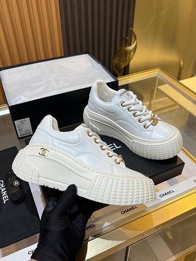 Женские кожаные кроссовки Chanel Premium - White   