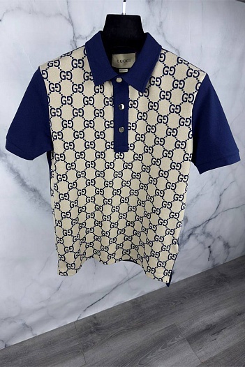 Мужское поло Gucci GG monogram all-over - Navy / Beige   