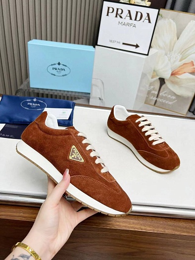 Женские замшевые кроссовки Prada Premium - Brown   