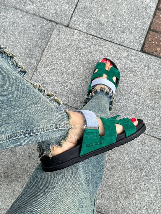 Женские замшевые сандалии Hermes Chypre - Green / Blue