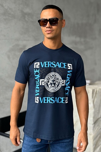 Мужская синяя футболка Versace logo-print   
