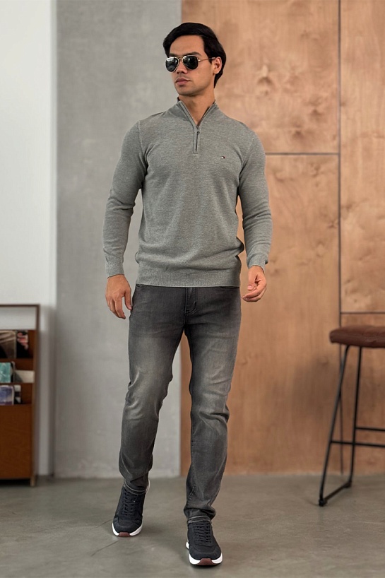 Серый джемпер Tommy Hilfiger Zip Neck logo-embroidered