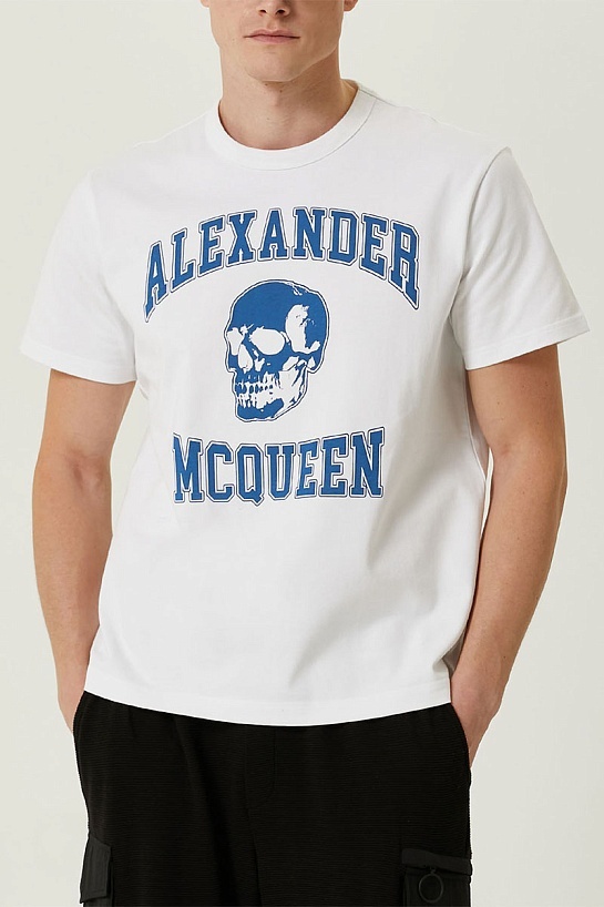 Мужская белая футболка Alexander McQueen Skull blue logo-print
