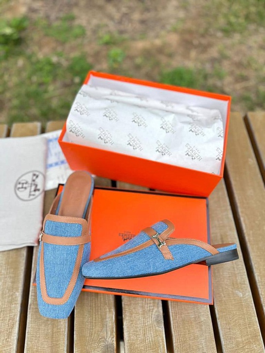 Женские кожаные мюли Hermes Groupie - Blue / Brown