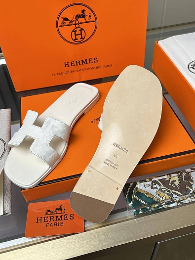 Женские кожаные шлёпанцы Hermes Premium - White   