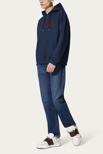 Мужское тёмно-синее худи Valentino logo-embroidered   