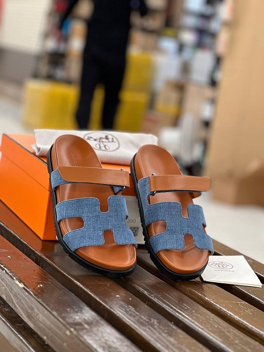 Женские кожаные сандалии Hermes Chypre - Brown / Blue