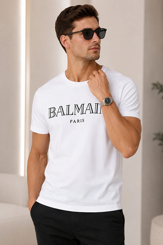 Белая футболка Balmain Paris black logo-print