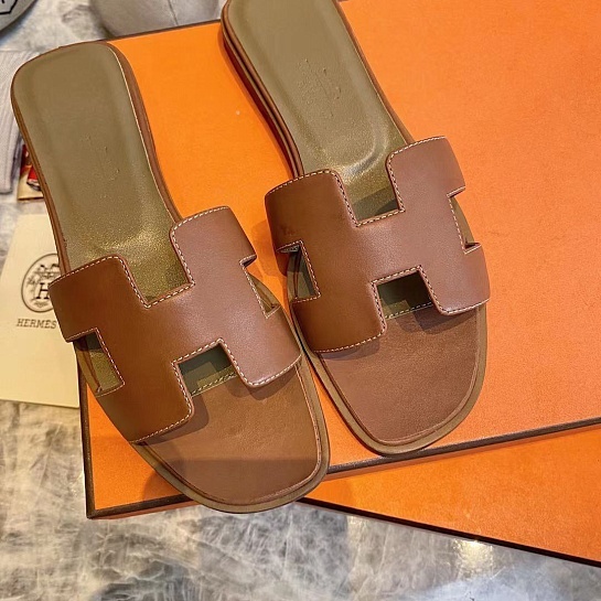 Женские кожаные шлёпанцы Hermes Premium - Brown