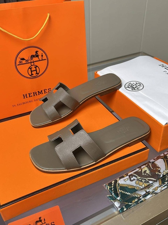 Женские кожаные шлёпанцы Hermes Premium - Brown
