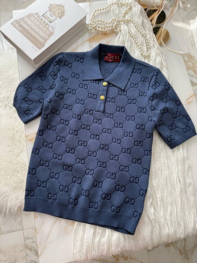 Синее женское поло Gucci GG monogram-pattern   