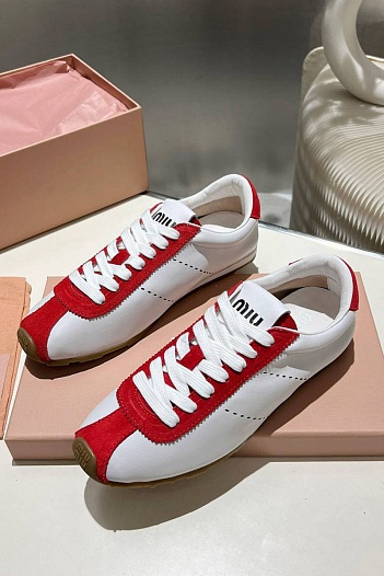Женские кожаные кроссовки MIU MIU Premium - White / Red   