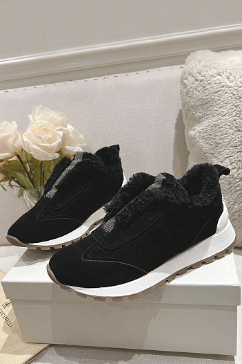 Женские замшевые кроссовки с мехом Brunello Cucinelli Premium   