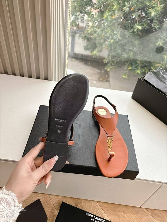 Женские кожаные сандалии Yves Saint Laurent Premium - Brown