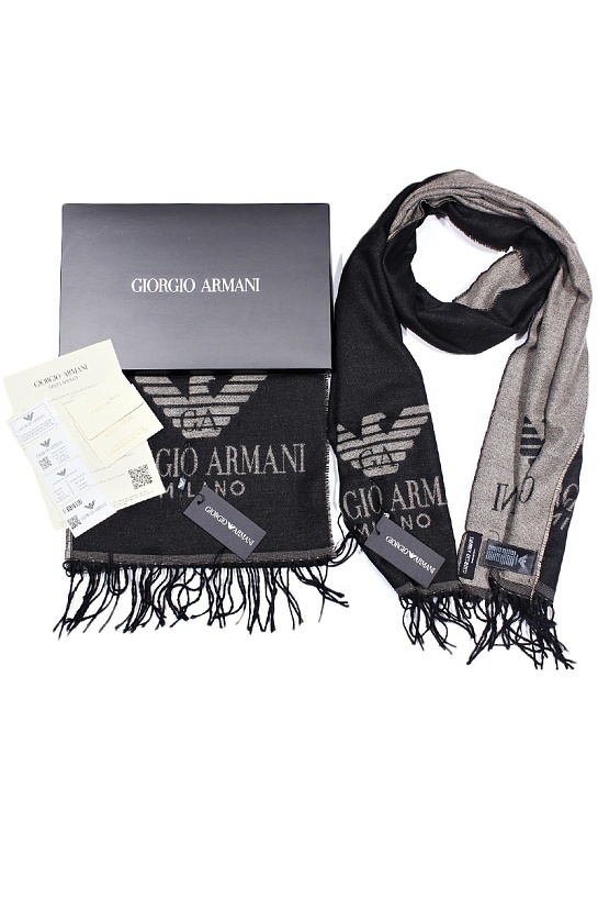 Брендовый чёрный шарф с логотипом Giorgio Armani 185x35 см