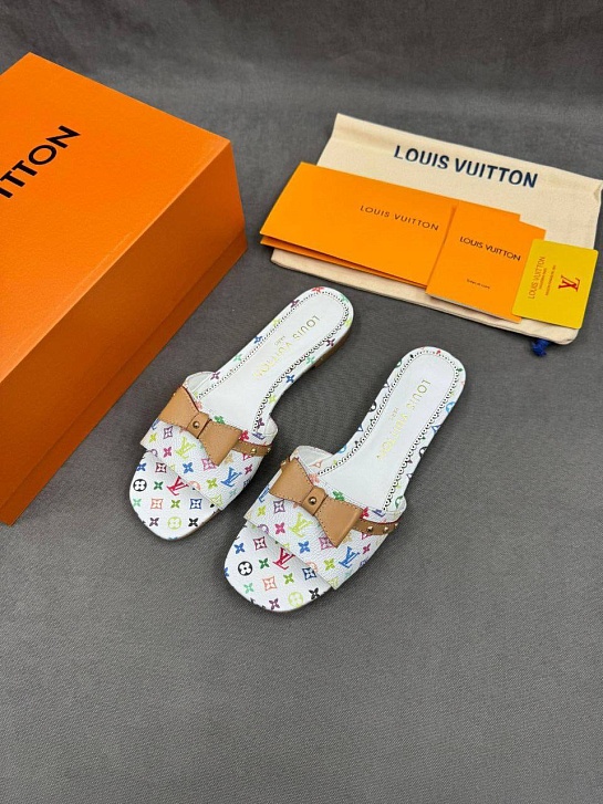 Женские кожаные шлёпанцы Louis Vuitton x Takashi Murakami Multicolore premium
