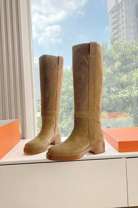 Женские замшевые сапоги Hermes Premium - Brown